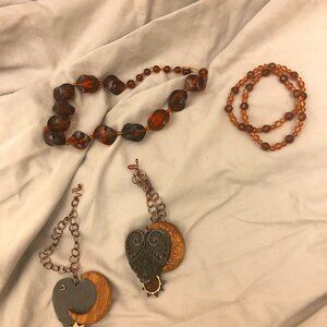 bundle wood metal earring set, brown necklace, 2 bracelets